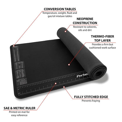 Performance Tool W88977 Estera de Neopreno con Regla y Tablas de Referencia, Resistente a Productos químicos, 16 Pulgadas x 35.75 Pulgadas, Protege la Superficie de Trabajo de solventes y aceites