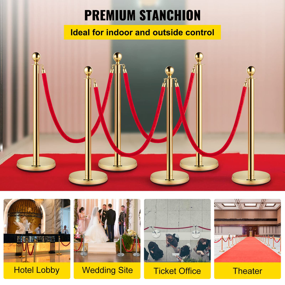 VEVOR Poste Guía 6 Piezas 95 cm Barrera de Control de Multitudes con 4 Cuerdas de Terciopelo Rojas 1,5 m para Cola de Separación de Demarcación en Escuela Pública Teatro Hotel Exposición, Color Oro