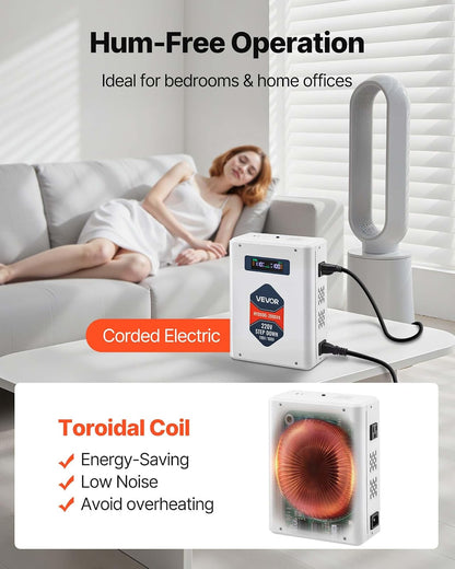 VEVOR Convertidor Reductor de Voltaje de 2000 VA, de 220 V a 110 V, de Alta Resistencia, con 2 Tomas de Corriente Estadounidenses, Salida USB, Pantalla LCD, Protección de Temperatura, Blanco