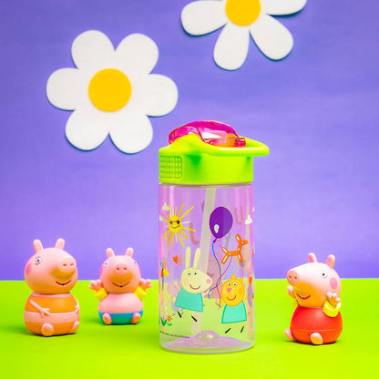 Zak Designs - Botella de agua de Peppa Pig de 16 onzas con Peppa & Friends, plástico duradero | Niños, para la escuela o viajes, con popote, mango, a prueba de fugas, cubierta de boquilla desplegable