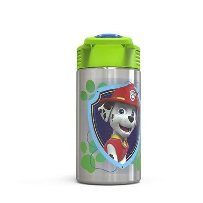Zak Designs Paw Patrol - Botella de agua de acero inoxidable de 15.5 onzas con boquilla de popote abatible, diseño duradero sin BPA, Paw Patrol Boy SS