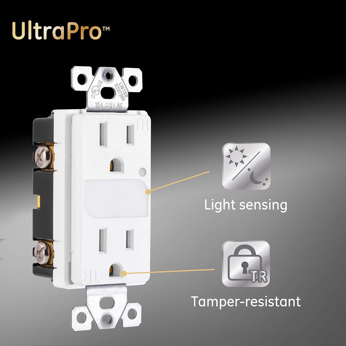 GE UltraPro Grounding Duplex Outlet with LED Guide Light, In Wall Receptacle, Tamper Resistant Outlets, Soft Glow Light, Sensor Light, 15A / 125VAC, UL Listed, White, Wallplate Not Included, 40967