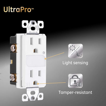 GE UltraPro Grounding Duplex Outlet with LED Guide Light, In Wall Receptacle, Tamper Resistant Outlets, Soft Glow Light, Sensor Light, 15A / 125VAC, UL Listed, White, Wallplate Not Included, 40967