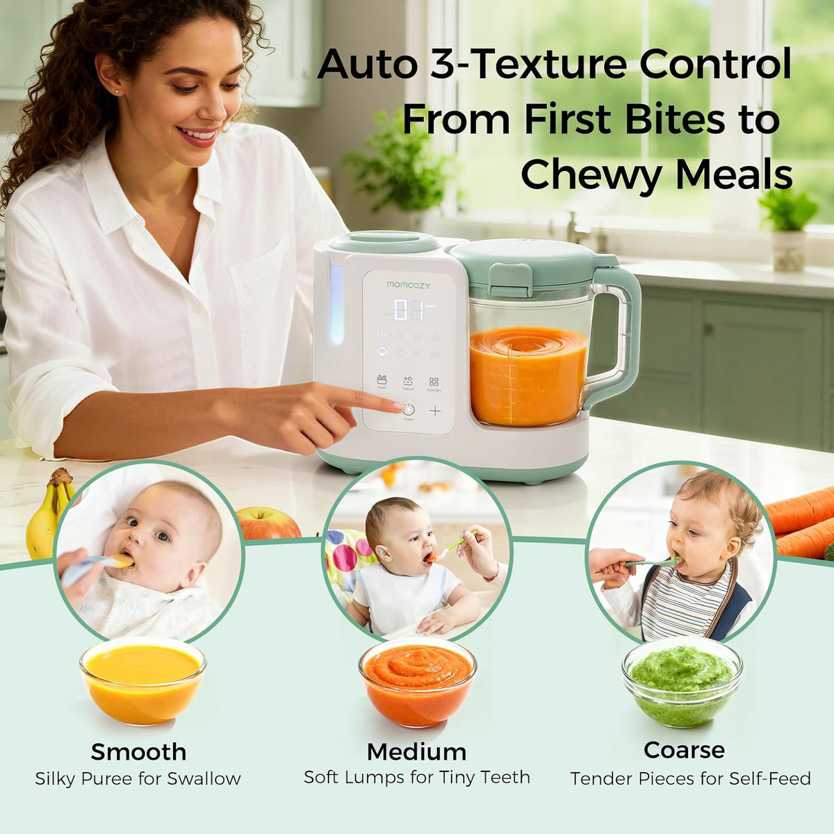 Momcozy AutoMeal Procesador de Alimentos para Bebé – Vapor y Licuado Automático, Vaso 15oz, 6 Cuchillas, Auto-limpieza, 3 Texturas para Papillas Caseras