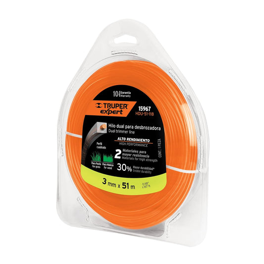 Truper Expert HDU-51-118, Rollo de Hilo Dual para desbrozadora 3 mm x 51 m