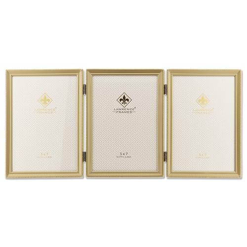 Lawrence Frames 11457T Antique Brass Hinged Triple Picture Frame, Bead Border Design, Golden frame, 5x7 inch