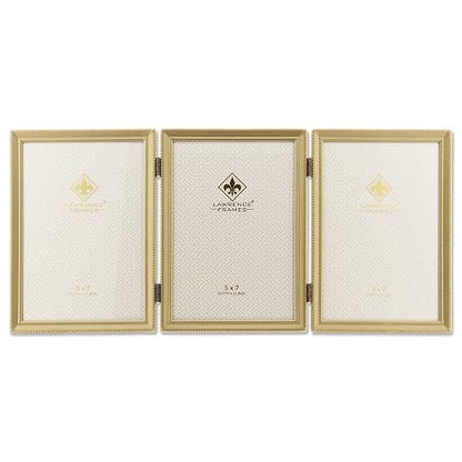 Lawrence Frames 11457T Antique Brass Hinged Triple Picture Frame, Bead Border Design, Golden frame, 5x7 inch