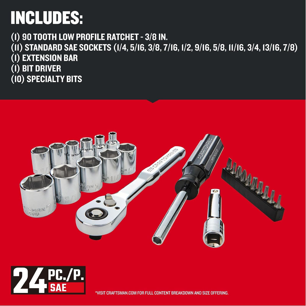 CRAFTSMAN - Juego de herramientas mecánicas, 24 piezas, 3/8 pulgadas (CMMT12112)