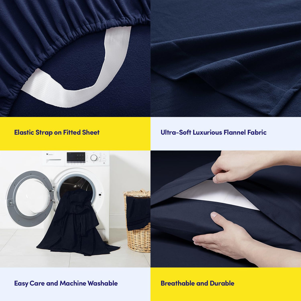 Sweet Home Collection Juego de sábanas de Franela cálidas y acogedoras con Bolsillo Profundo Transpirable para Todas Las Estaciones con Fundas Ajustadas, Planas y de Almohada, Queen, Azul Marino