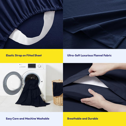 Sweet Home Collection Juego de sábanas de Franela cálidas y acogedoras con Bolsillo Profundo Transpirable para Todas Las Estaciones con Fundas Ajustadas, Planas y de Almohada, Queen, Azul Marino