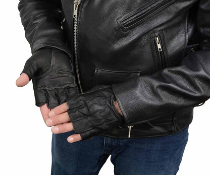 Milwaukee Leather SH198 - Guantes sin Dedos Bordados con Llama Negra para Hombre con Palma de Gel (Mediano)