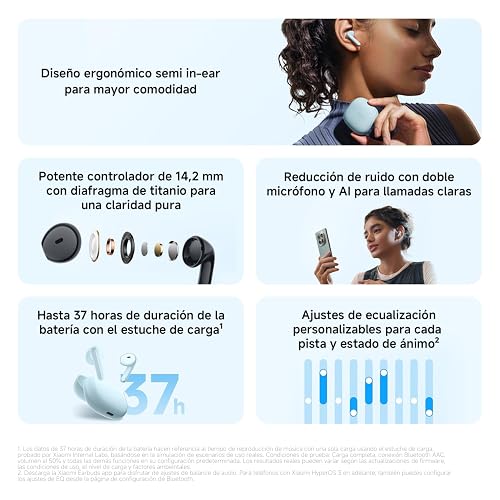 XIAOMI REDMI Buds 8 Active - TWS Bluetooth Semi-intraauriculares, Driver de Titanio de 14,2 mm, bajo Potente, 37h de autonomía, conexión Dual a 2 Dispositivos, 5 EQ, Bluetooth 5.4, IP54, Azul