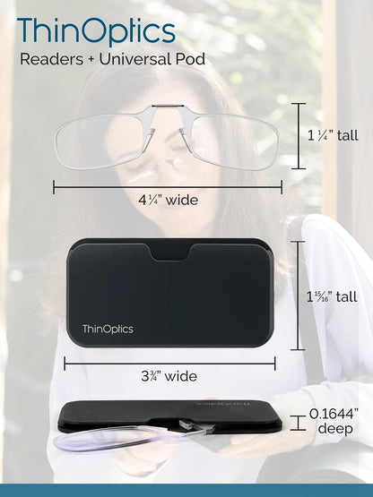 ThinOptics Reading Glasses + Black Universal Pod Case | Classic Collection, Black Frames, 1.50 Strength - Bookstore Featured Product