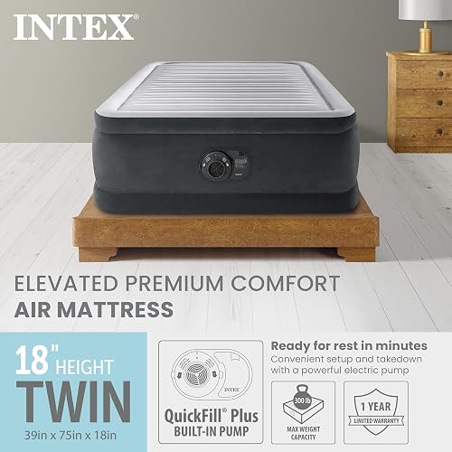 Intex 64411ED Comfort colchón de Aire Elevado de Felpa Dura-Beam con Bomba eléctrica Interna, Altura de la Cama de 18 Pulgadas, Doble