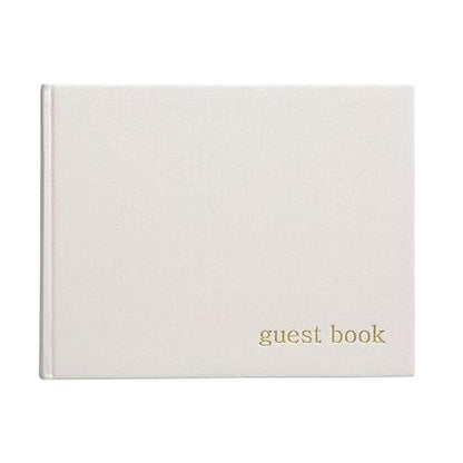 Pearhead - Libro de visitas para baby shower, clásico de género neutro para baby shower, bodas, fiestas y eventos, lino marfil con estampado dorado, 100 páginas en blanco