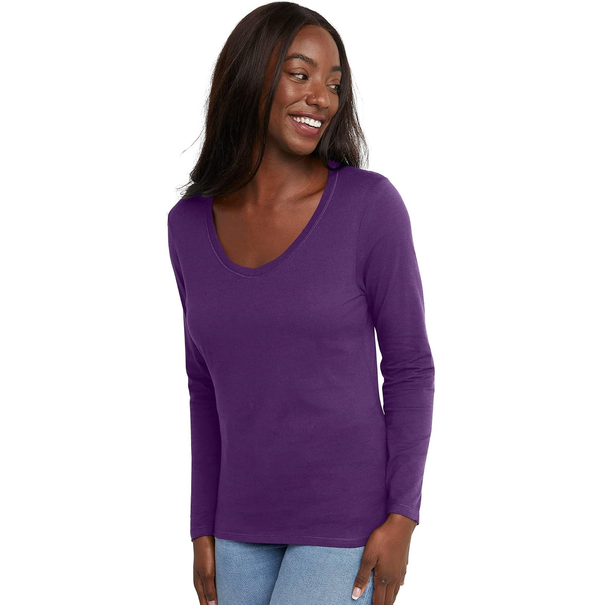 Hanes Playera de Manga Larga Cuello en V para Mujer - Esplendor violeta - M