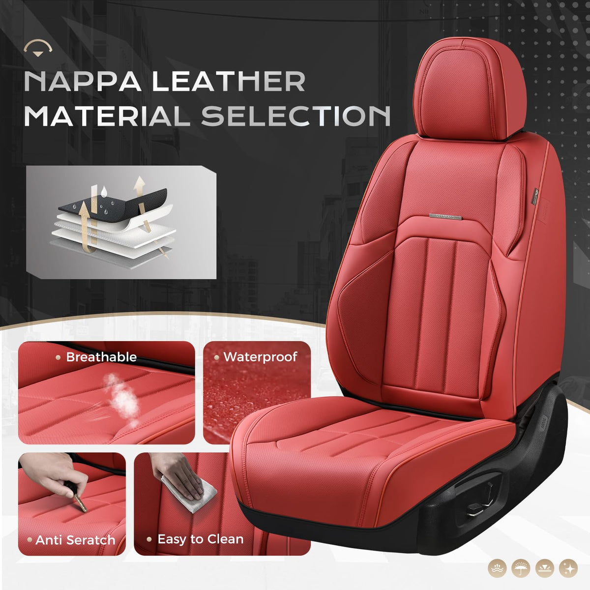 Coverado - Funda para Asiento de Automóvil, Funda para Asiento Delantero de Automóvil, Piel Premium, Ajuste Universal, Impermeable, cojín Antideslizante para la mayoría de los Automóviles, Color Rojo