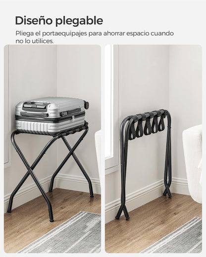 SONGMICS Portaequipaje con Marco de Acero, Juego de 2, Plegable, Soporte para Maletas con Correa Sólida, 69x40x55cm, Negro MRLR64B-2
