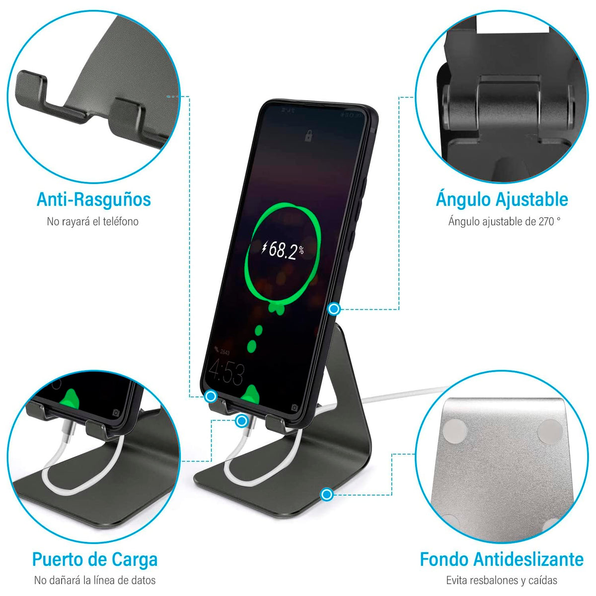 TXG Universal Soporte Celular, Soporte de Tablet Multiángulo, Base Tablet Compatible con Tablet/Teléfono Celular Inteligente, Base para Celular Plata (Negro)