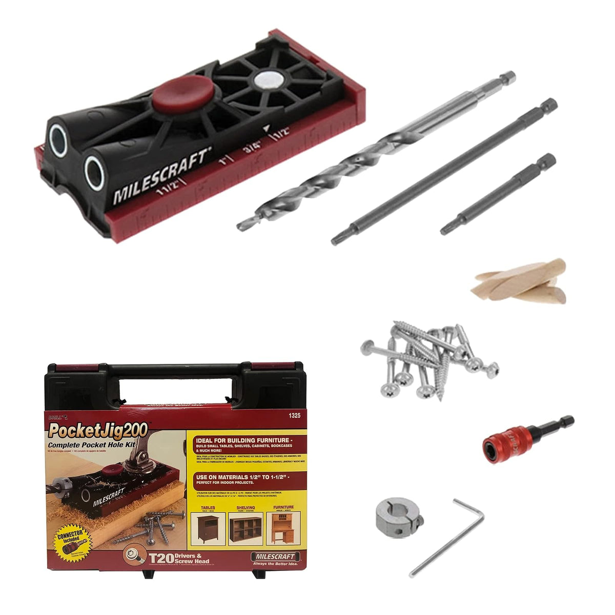 Milescraft 1325 Pocket Jig Kit 200 | Completo, guía de taladro de bolsillo, plantilla de tornillo, todos accesorios, fácil de usar