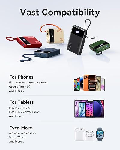 INIU Cargador portátil, pequeño Banco de energía de 20000 mAh con Cable USB-C Integrado, Mini batería de Carga rápida de 45 W, Cargador de teléfono Esencial de Viaje para Estudiantes universitarios