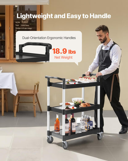 VEVOR Carro utilitario, Capacidad de Carga de 300 Libras, Carro de plástico utilitario de 3 Niveles con Ruedas giratorias de 360° (2 con Frenos), Carrito de Servicio de Alimentos de 24.5 x 16.1