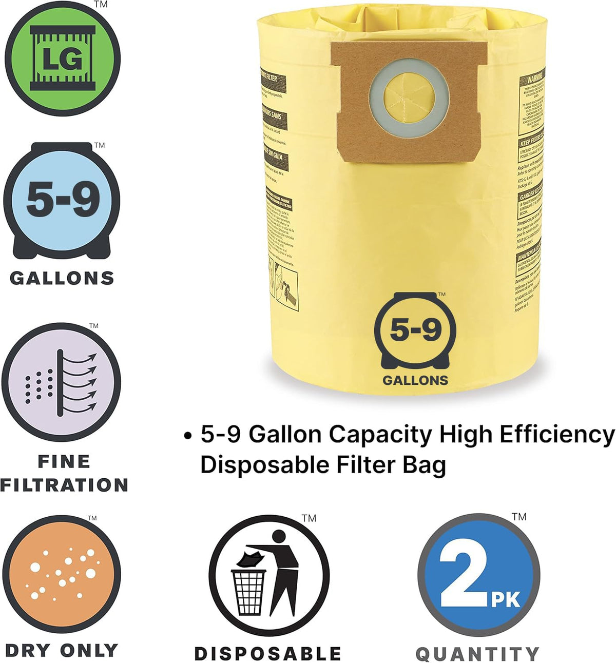 Shop-Vac 9067100 Genuine Type H 5-to-8-Gallon High-Efficiency Disposable Collection Filter Bag 2-Pack