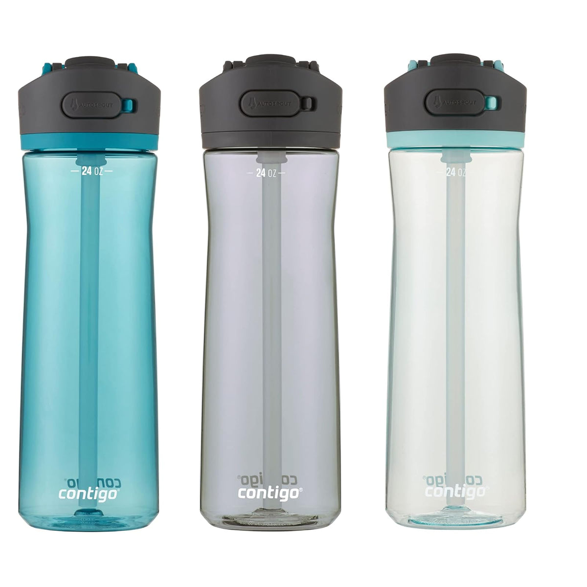 Contigo Ashland 2.0 - Botella de agua con tapa AUTOSPOUT | Botella de agua Tritan, 24 onzas, paquete de 3, enebro, sake y té de burbujas