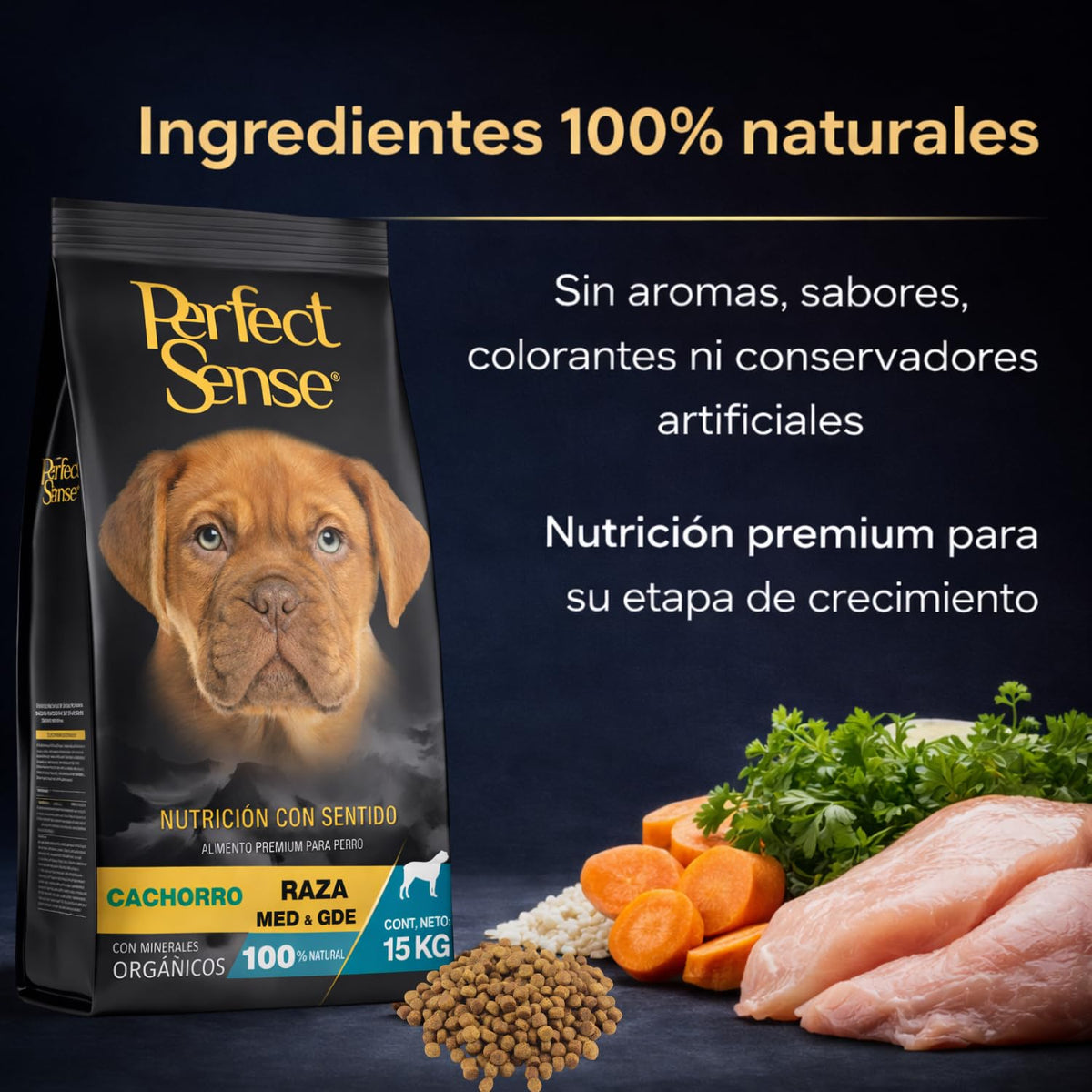 Perfect Sense Alimento Premium para Cachorros MLB | 15 kg | Ingredientes 100% Naturales con Prebióticos, Omega 3, YUCCA schidigera y Conservadores Naturales