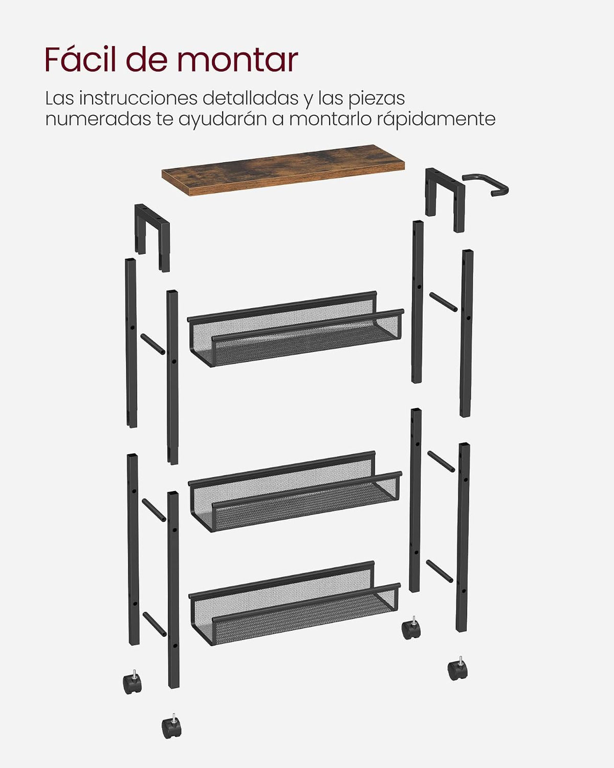 VASAGLE Carrito Organizador Slim de 4 Niveles con Ruedas y Asa, Estante Estrecho para Cocina, Baño y Oficina, 45.4x13x77 cm MLRC032B01