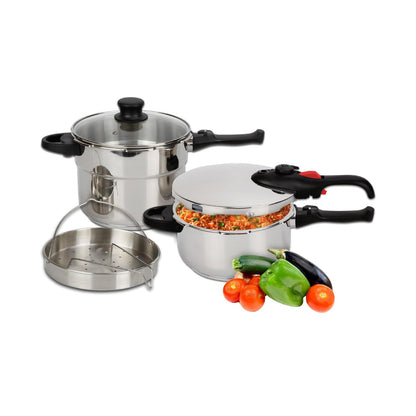 Bogner Set de ollas de presión fabricadas de acero inoxidable, Incluye 1 olla de 4 litros y otra de 6 litros, con accecorios (vaporera y tapa de cristal)