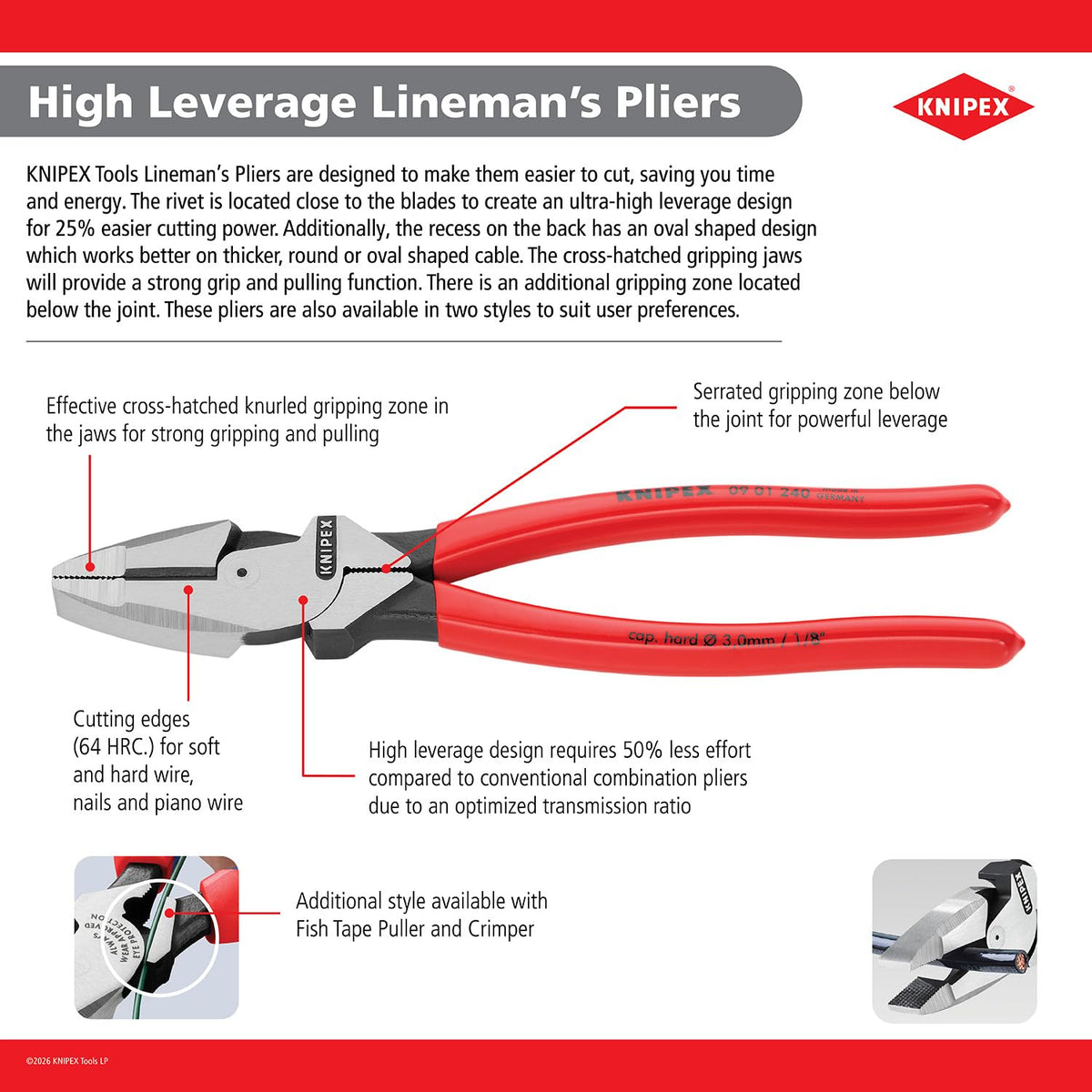 Knipex Tools LP 0901240SBA Alicates de lineman de apalancamiento ultra alto de 9.5 pulgadas