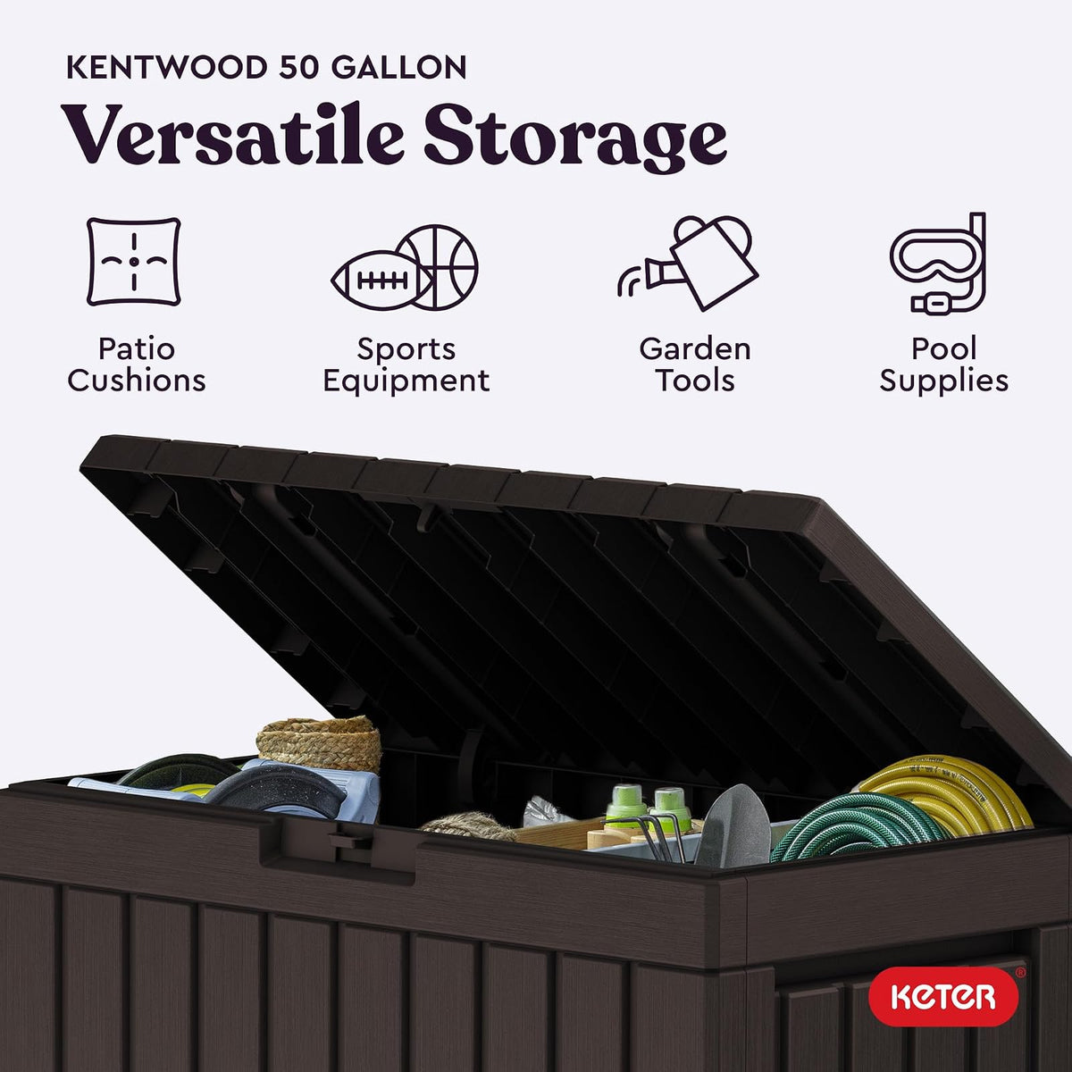 Keter Kentwood - Caja de resina de 50 galones para organizar y almacenar cojines de patio, almohadas y herramientas de jardín, color café