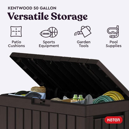 Keter Kentwood - Caja de resina de 50 galones para organizar y almacenar cojines de patio, almohadas y herramientas de jardín, color café