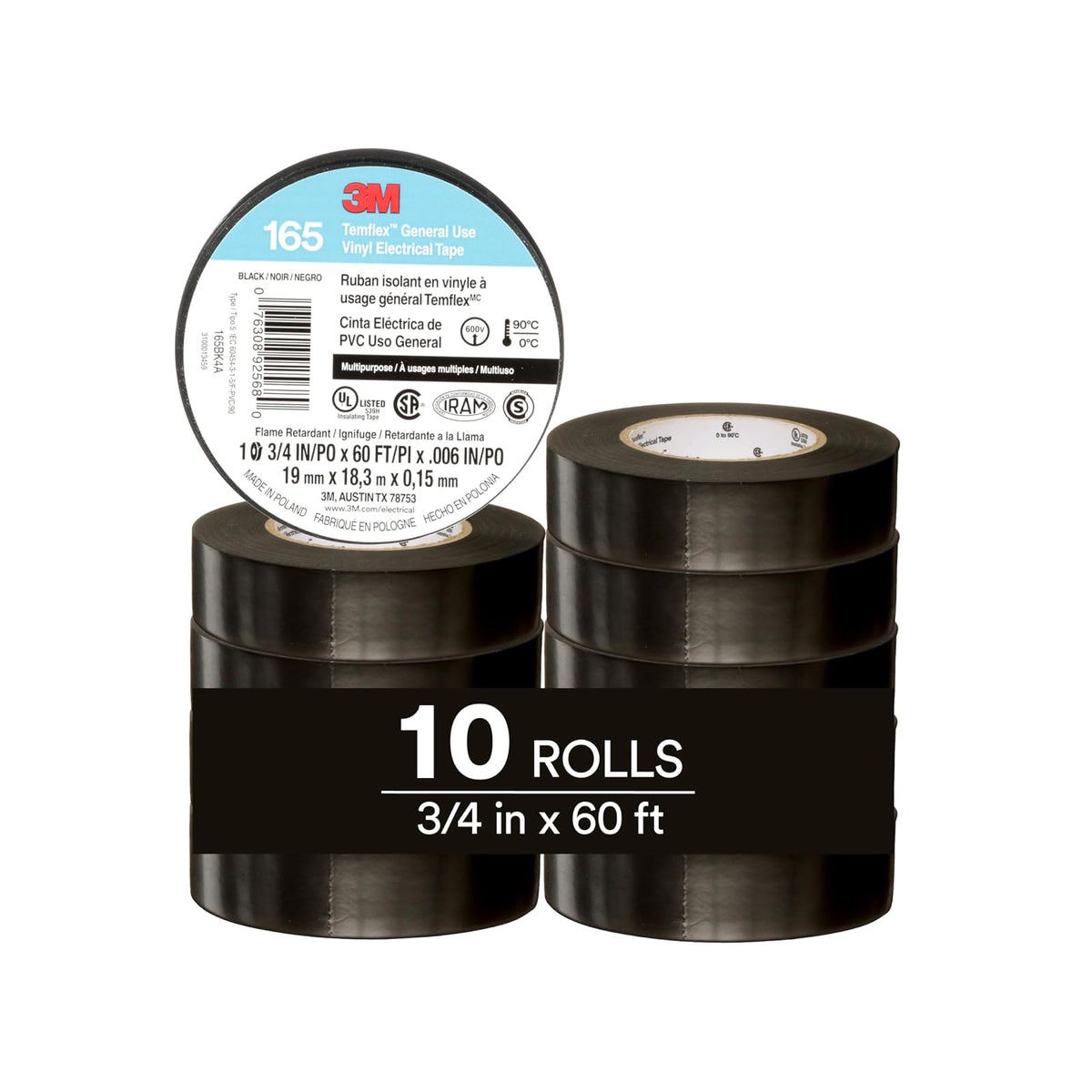 3M Temflex 165 Cinta Eléctrica de Vinilo Multiusos - Negro -