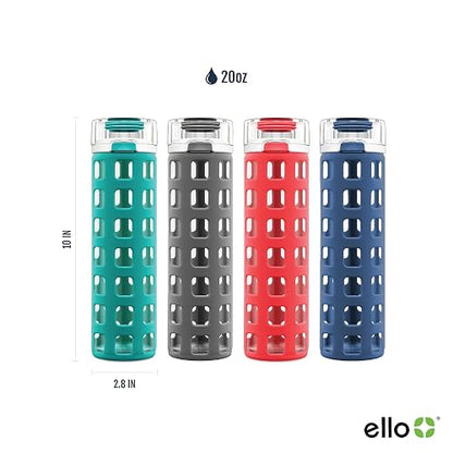 Ello Syndicate - Botella de agua de vidrio con tapa abatible de un solo toque y funda protectora de silicona y bucle de transporte, sin BPA, apta para lavaplatos, 20 onzas