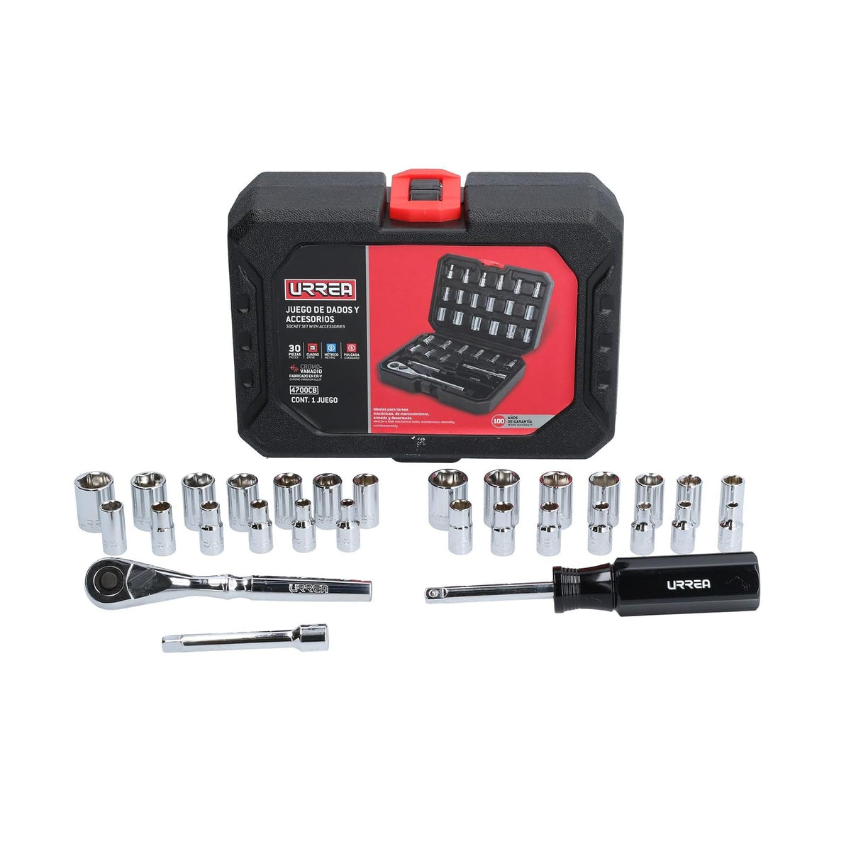Urrea Herramientas 4700CB Urrea Juego de dados y accesorios 1/4" de 30 piezas en estuche plástico, color, pack of/paquete de 30