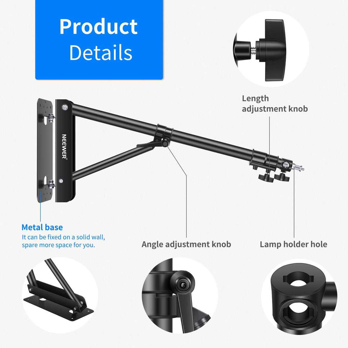 NEEWER Wall Mounting Triangle Boom Arm para Luz de Anillo & Fotografia Gear | Para Monolight, Softbox, Reflector, Sombrilla, y Strobe Luz, Support 180 Degree Rotation, Max Length 4.3 Ft/130cm (Negro)