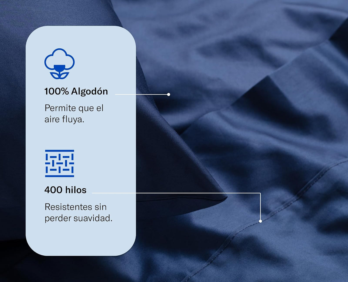 Luuna Juego de Sábanas Matrimonial de Algodón Tipo Satín 400 Hilos, 1 Juego de 4 Piezas, Suaves, Frescas, Transpirables y Antimicrobianas, Alta Calidad, Marca Mexicana (Azul)