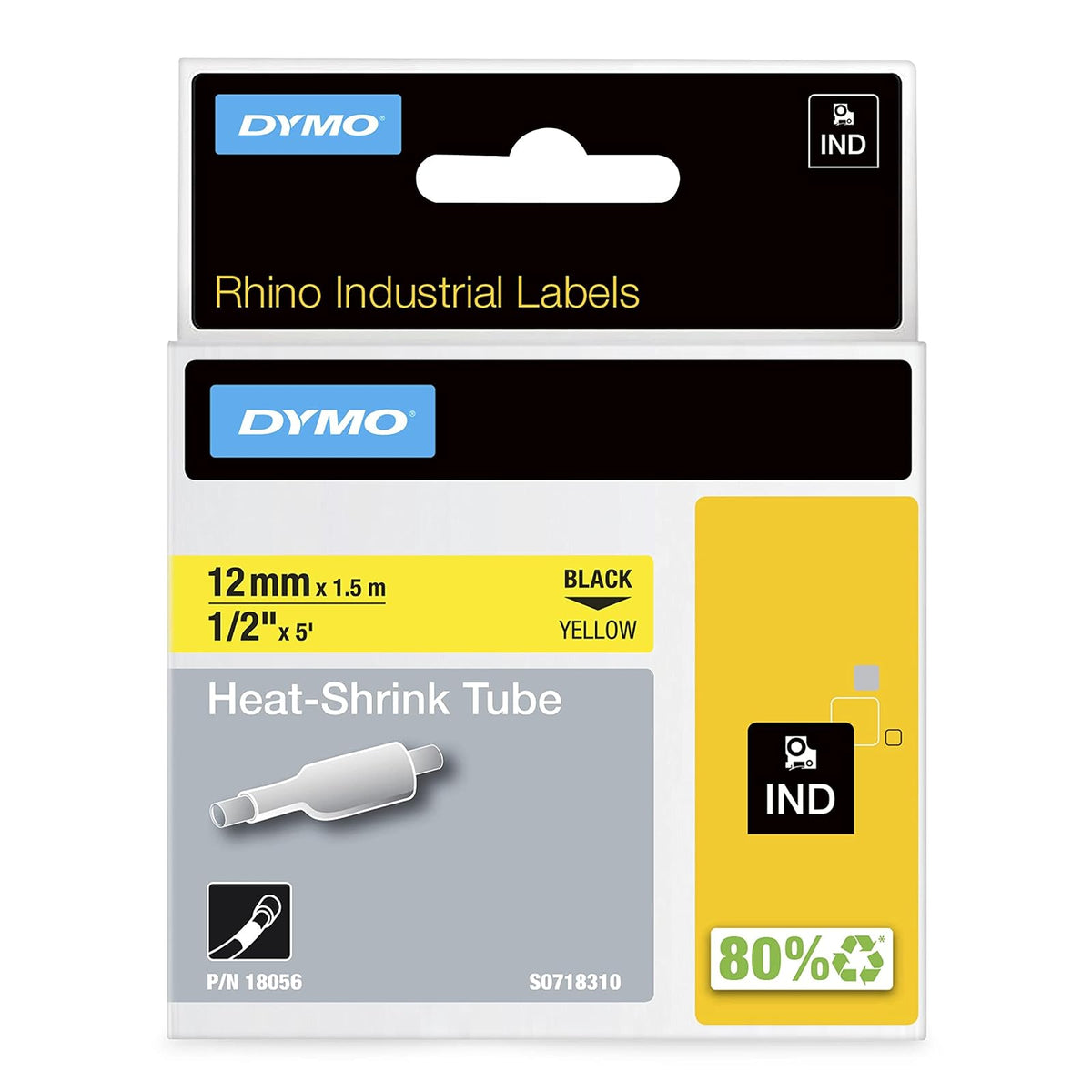 Dymo Cinta Termorretráctil para Etiquetadora, Identificación de Cables - 1 - 2" (12MM) - Negro y amarillo