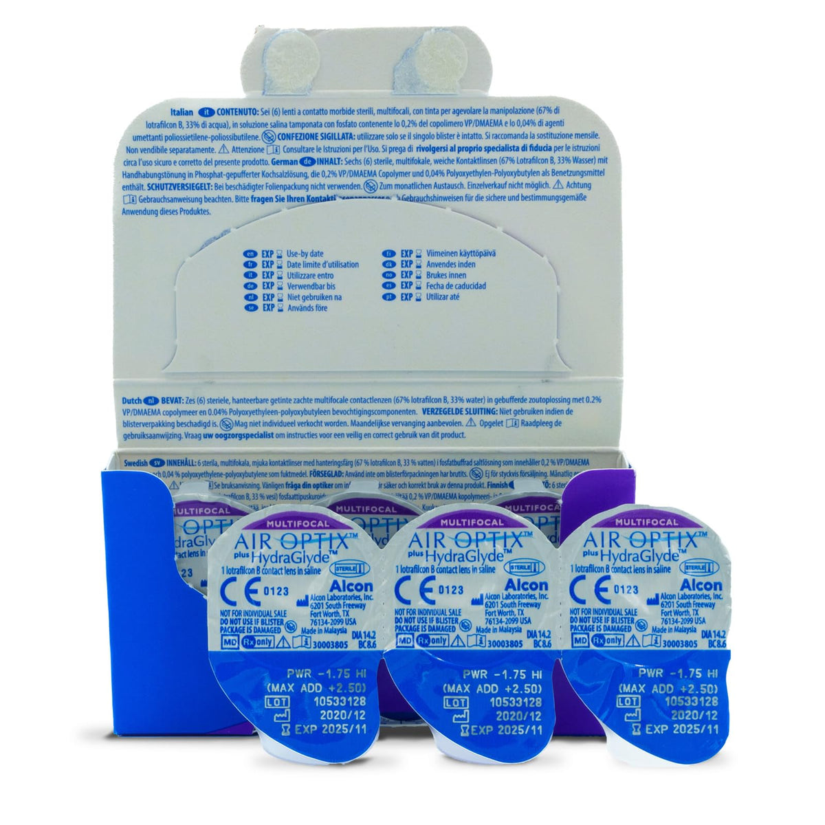 Air Optix plus HydraGlyde Multifocal Lentes de Contacto, 6 lentes, Dioptrías -7.5 Potencia de Adición de Lente Media