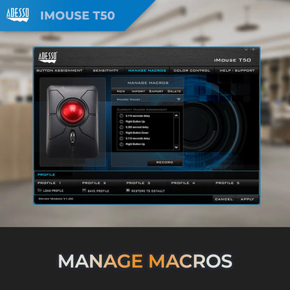 Adesso iMouse T50 Wireless Ergonomic Finger Trackball Mouse with Nano USB Receiver, Programmable 7 Button Design, and 5 Level DPI Switch, for Left and right Hand