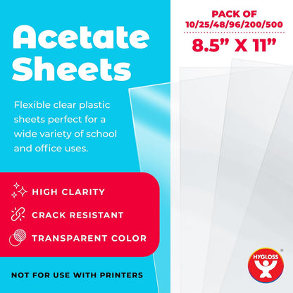 Hygloss Products Hojas de acetato para manualidades, película de proyector transparente, para proyectos de arte y manualidades y aulas, no para impresoras, 8.5 x 11 pulgadas, paquete de 10