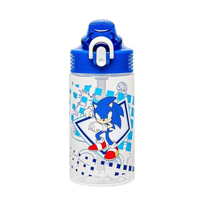Zak Designs Sonic the Hedgehog - Botella de agua de salvia para la escuela o los viajes, botella de agua de plástico duradera de 16 onzas con popote, mango y a prueba de fugas, cubierta de boquilla