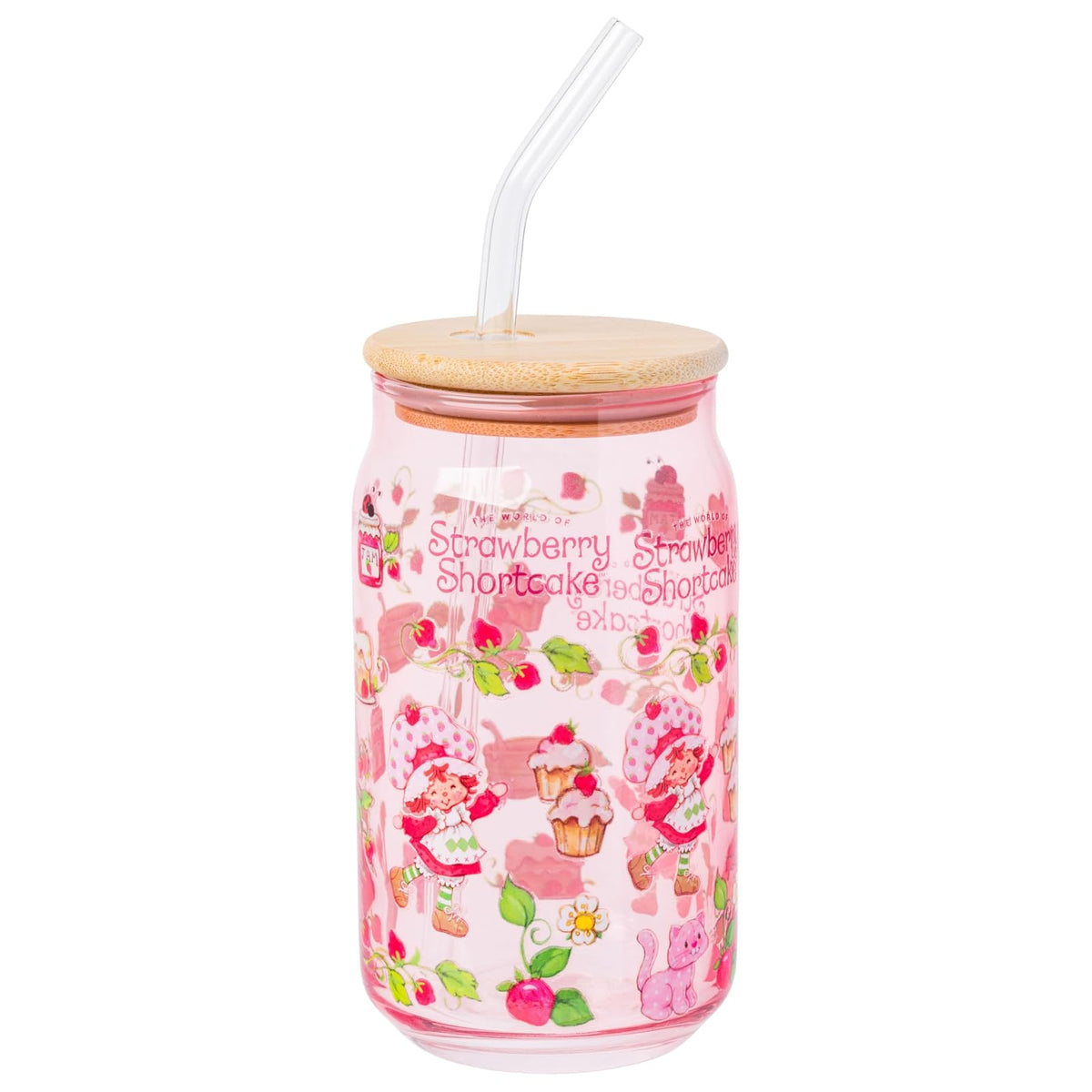 Silver Buffalo Vaso de Vidrio Hello Kitty con Popote y Tapa de Bambú 16 oz - Magdalenas y mermelada de fresa