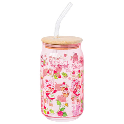 Silver Buffalo Vaso de Vidrio Hello Kitty con Popote y Tapa de Bambú 16 oz - Magdalenas y mermelada de fresa
