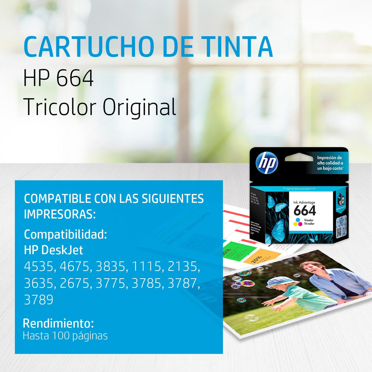 HP Cartucho de Tinta 664 Tricolor Original, Compatibilidad con Impresoras Deskjet 4535, 4675, 3835, 1115, 2135, 3635, 2675, 3775, 3785, 3787, 3789, Rendimiento hasta 100 páginas (F6V28AL)