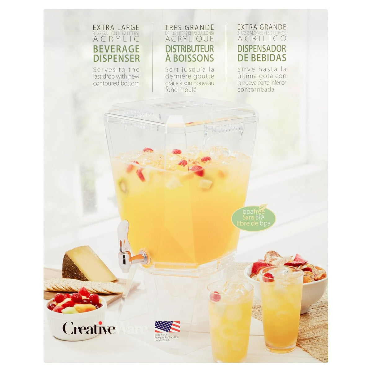CreativeWare Crown - Dispensador de bebidas con base y clip de nombre, 3.5 galones, transparente