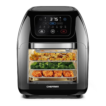 Chefman - Freidora digital multifuncional + asador, deshidratador, horno de convección, 17 preselecciones en pantalla táctil para freír, asar, deshidratar y hornear accesorios incluidos, L 10L, negro