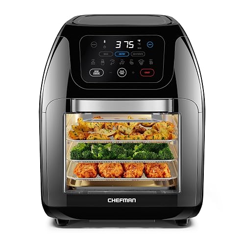 Chefman - Freidora digital multifuncional + asador, deshidratador, horno de convección, 17 preselecciones en pantalla táctil para freír, asar, deshidratar y hornear accesorios incluidos, L 10L, negro